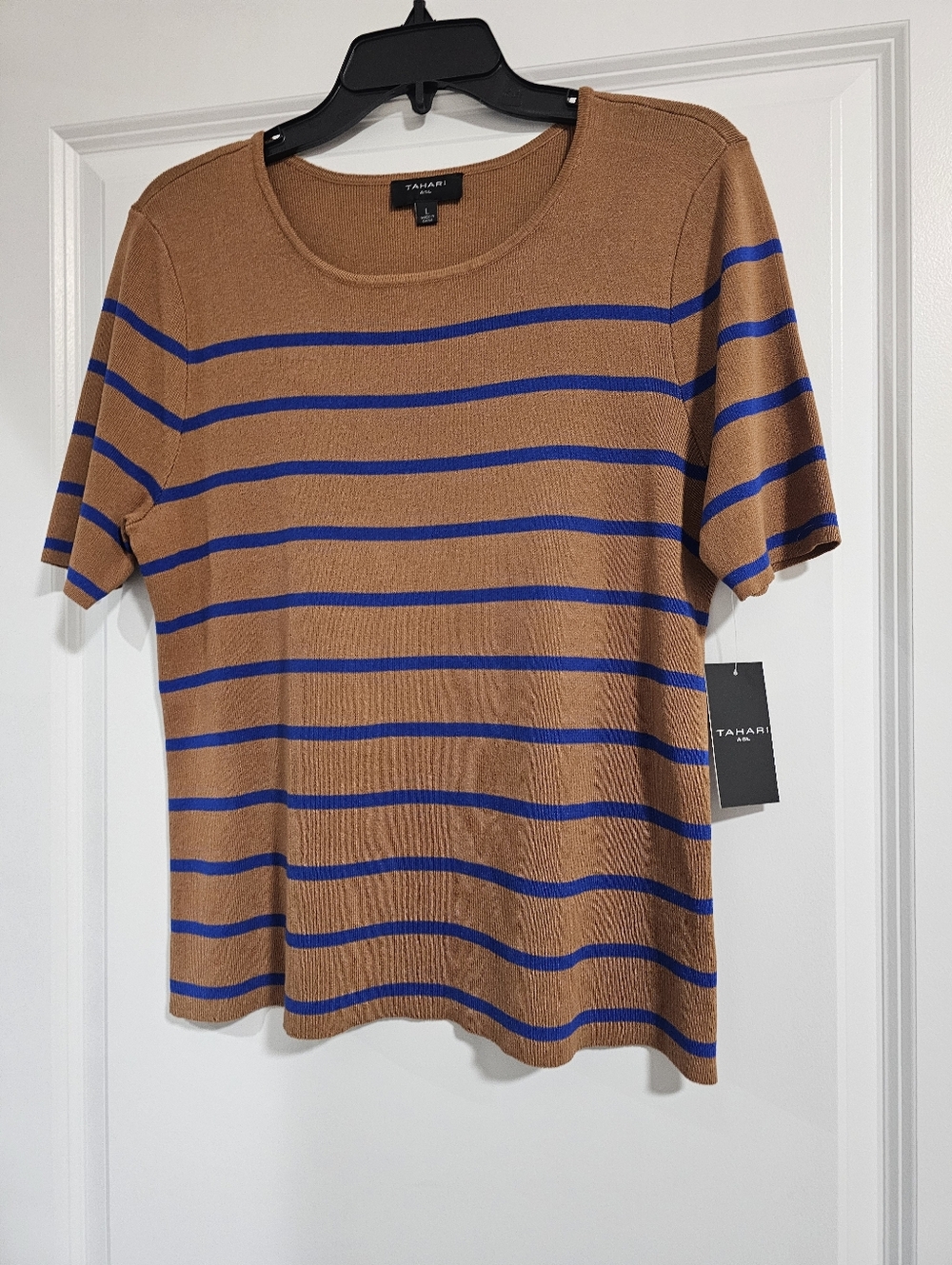 Tahari Camel and Royal Blue Striped Short Sleeve Knit Top